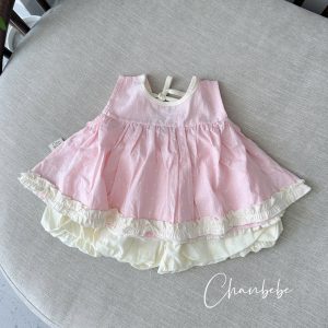 Bộ TK Áo Váy Chấm Bi Hồng Quần Bí Kem